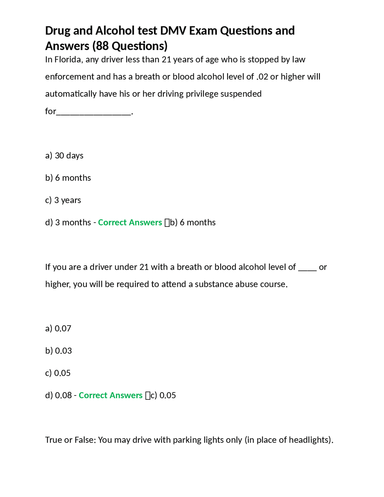 Drug And Alcohol Test DMV Exam Questions And Answers 88 Questions Exams Nursing Docsity
