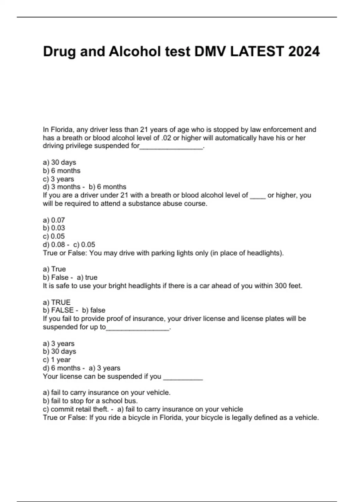 drug and alcohol test answers