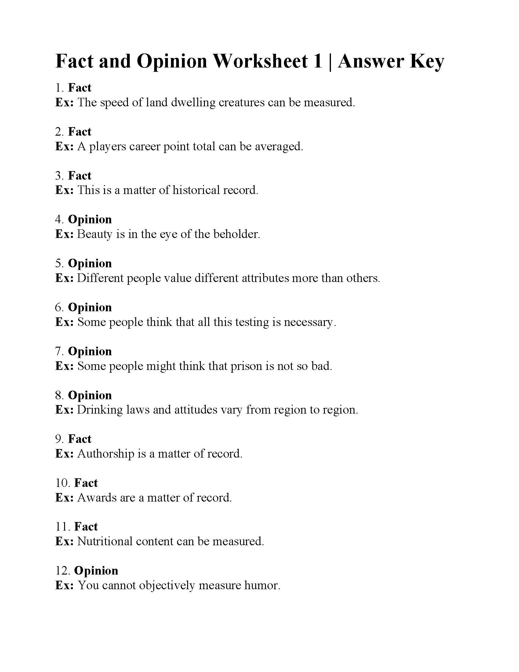 fact or opinion worksheet fact or opinion worksheet
