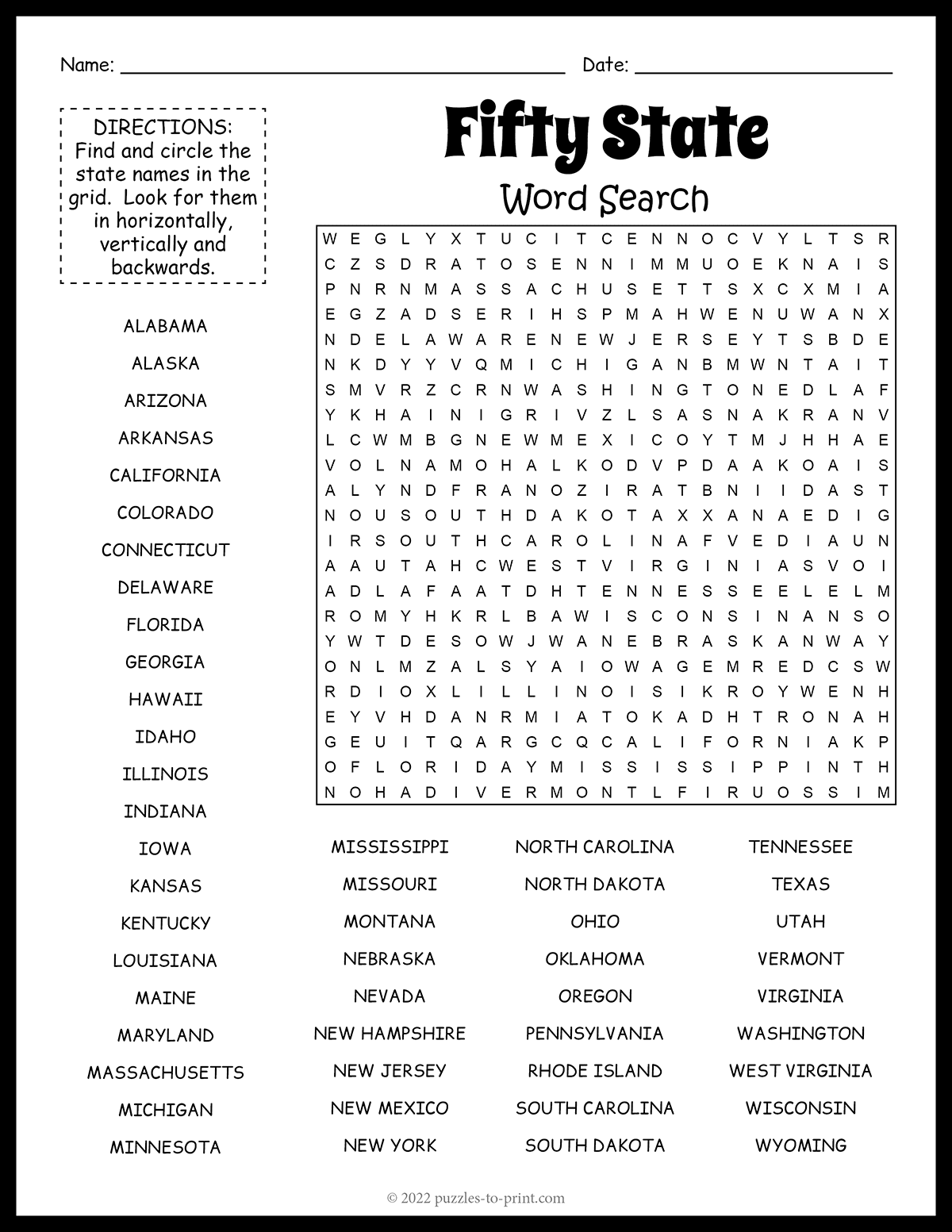 Fifty State Word Search