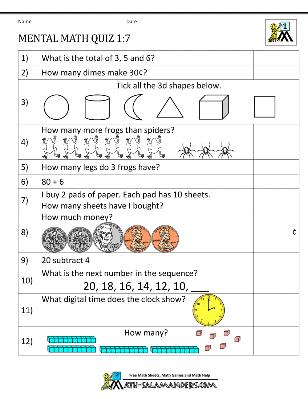 maths worksheet for class 1