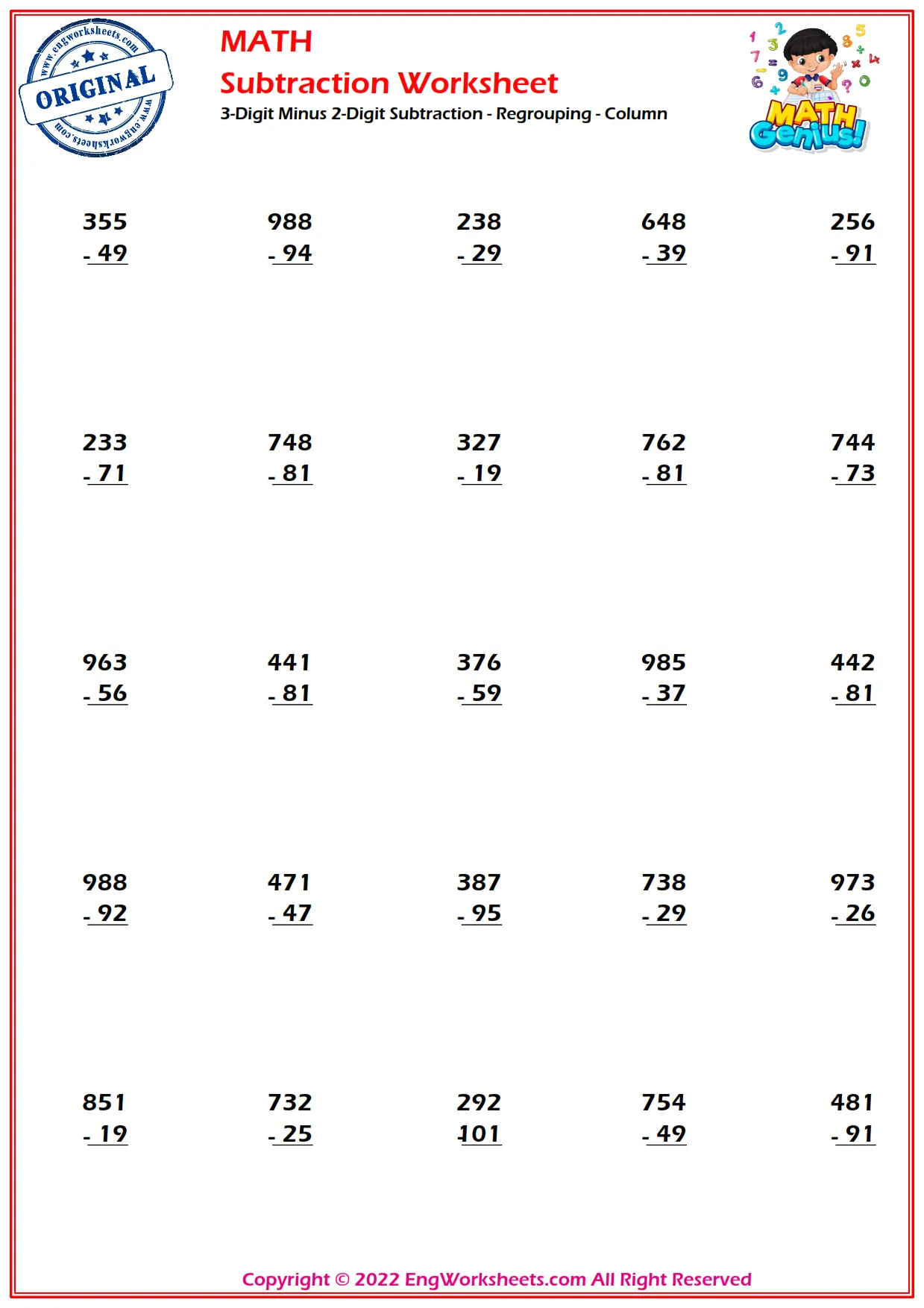 subtraction with renaming worksheets
