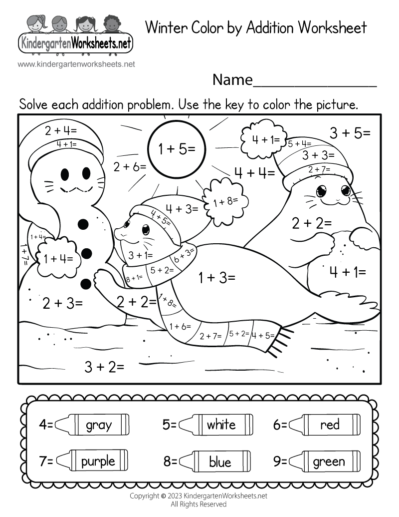 Free Printable Winter Color By Addition Worksheet