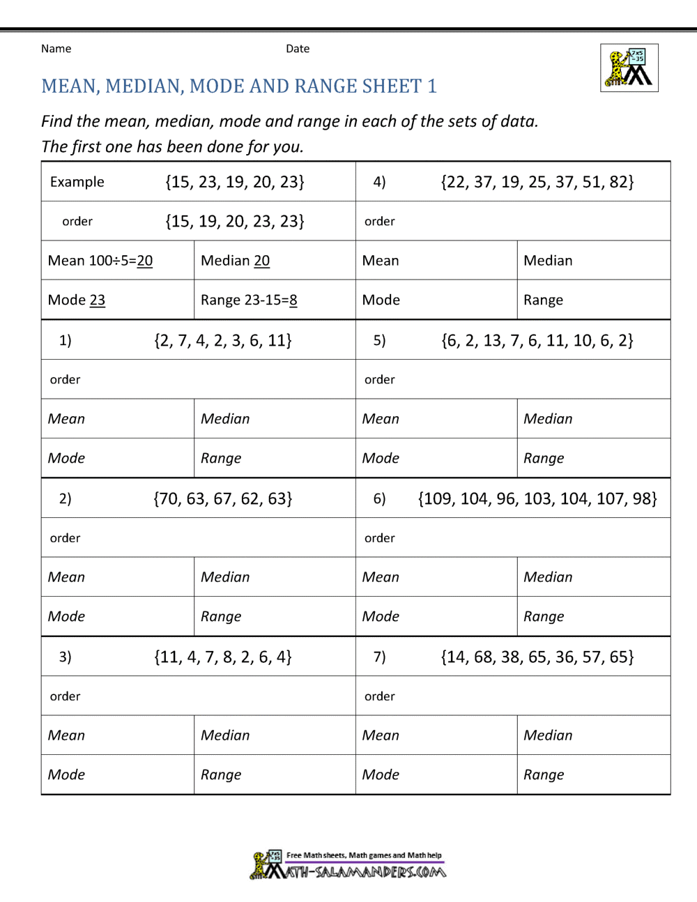 Mean Median Mode Range Worksheets