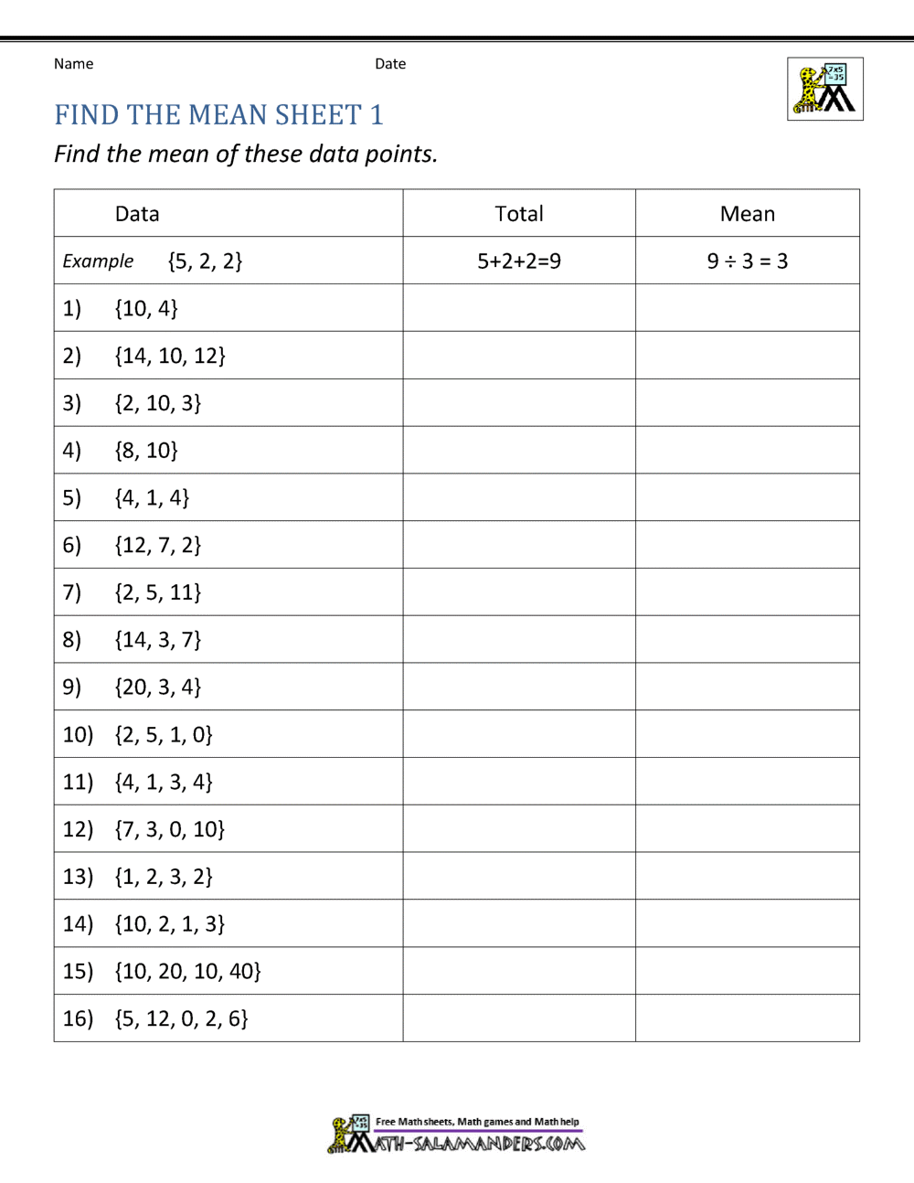 Mean Worksheets