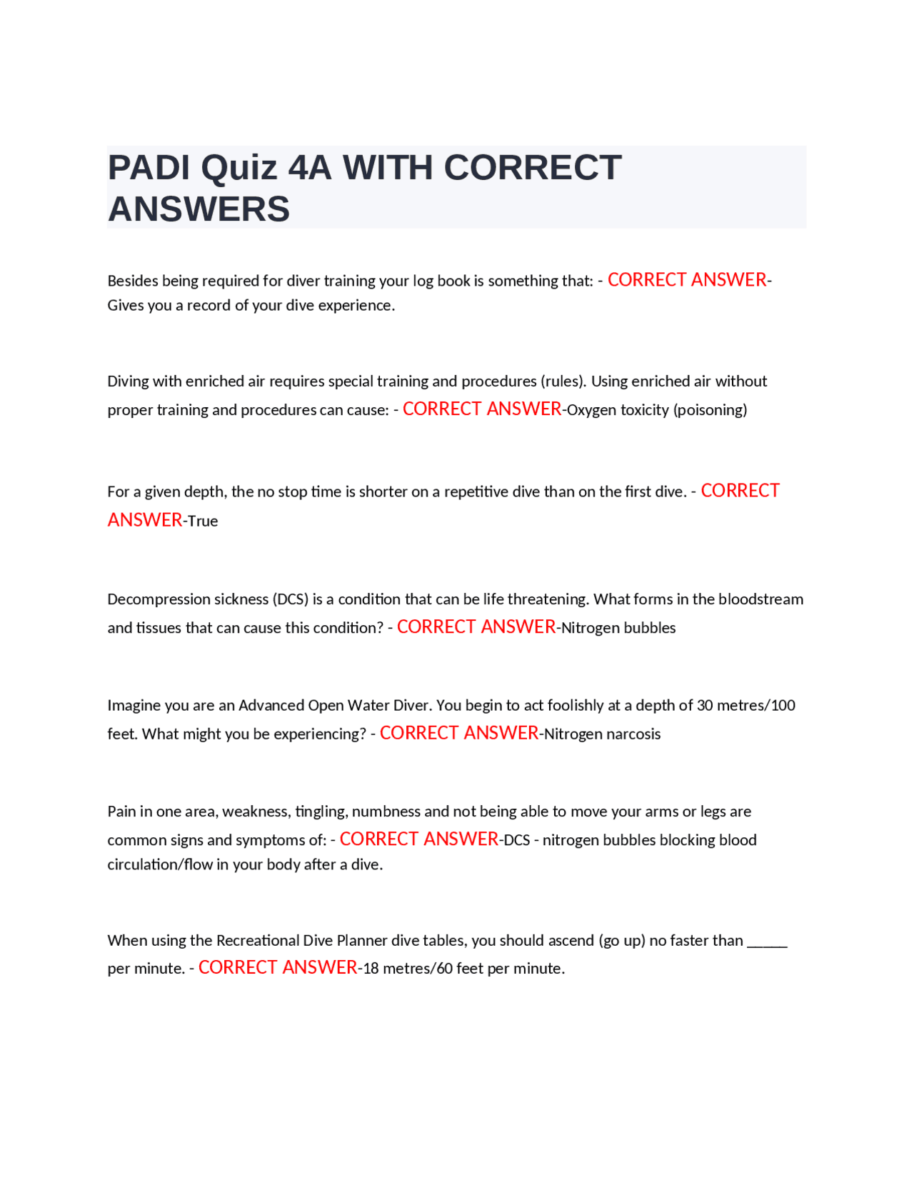 PADI Quiz 4A WITH CORRECT ANSWERS Exams Nursing Docsity PADI Quiz 4A WITH CORRECT ANSWERS Exams Nursing Docsity