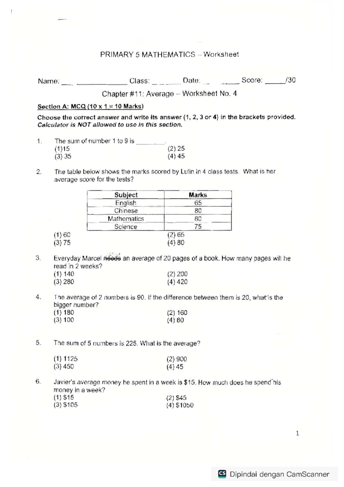 average questions for primary 5