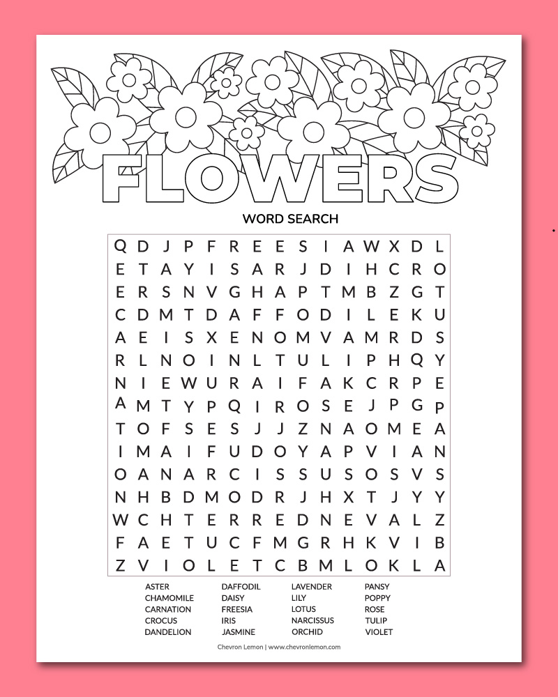 Printable Flower Word Search Chevron Lemon