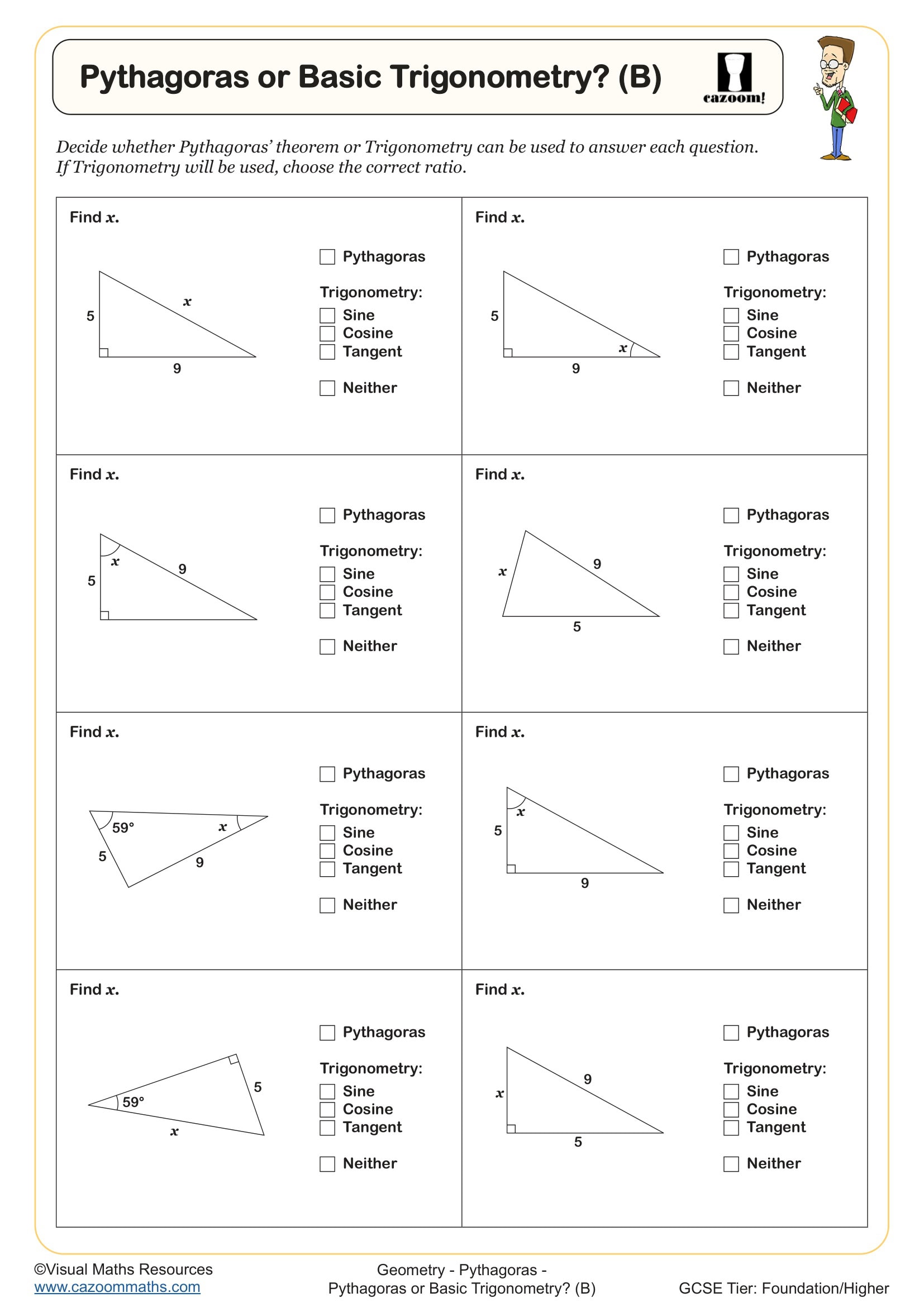 Pythagoras Or Trigonometry B Worksheet Printable PDF For Year 10 And Year 11 Geometry Worksheet