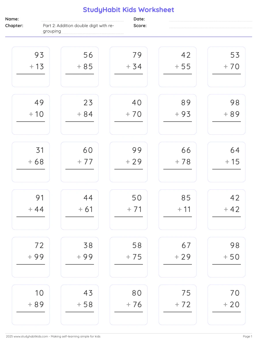 Second Grade Addition Worksheets Double Digit Addition With Regrouping Upto 200