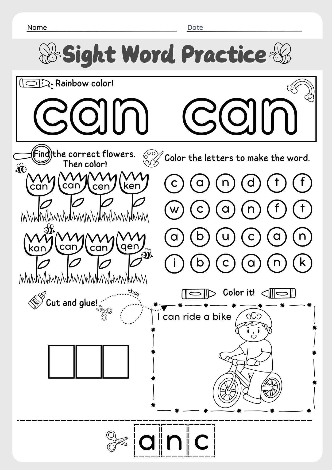 sight word can worksheet sight word can worksheet